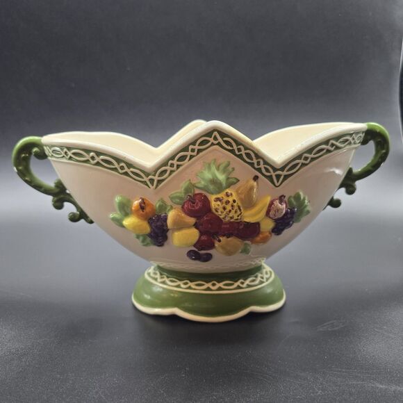 Vintage Porcelain Double Handle Jardiniere Planter Fruit MCM Footed - Picture 2 of 16